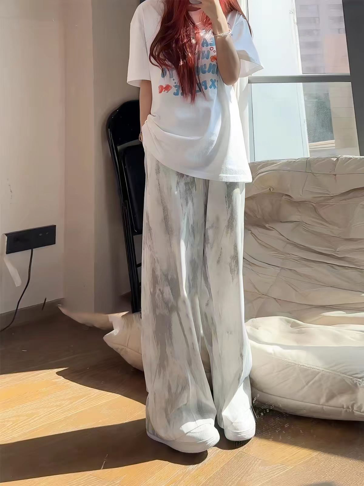 白色扎染冰丝速干凉感裤子